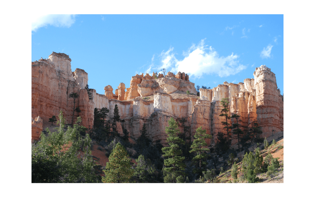 Majestic sandstone cliffs and pine trees under a clear blue sky in Zion National Park, showcasing the land once cared for by its ancient stewards.