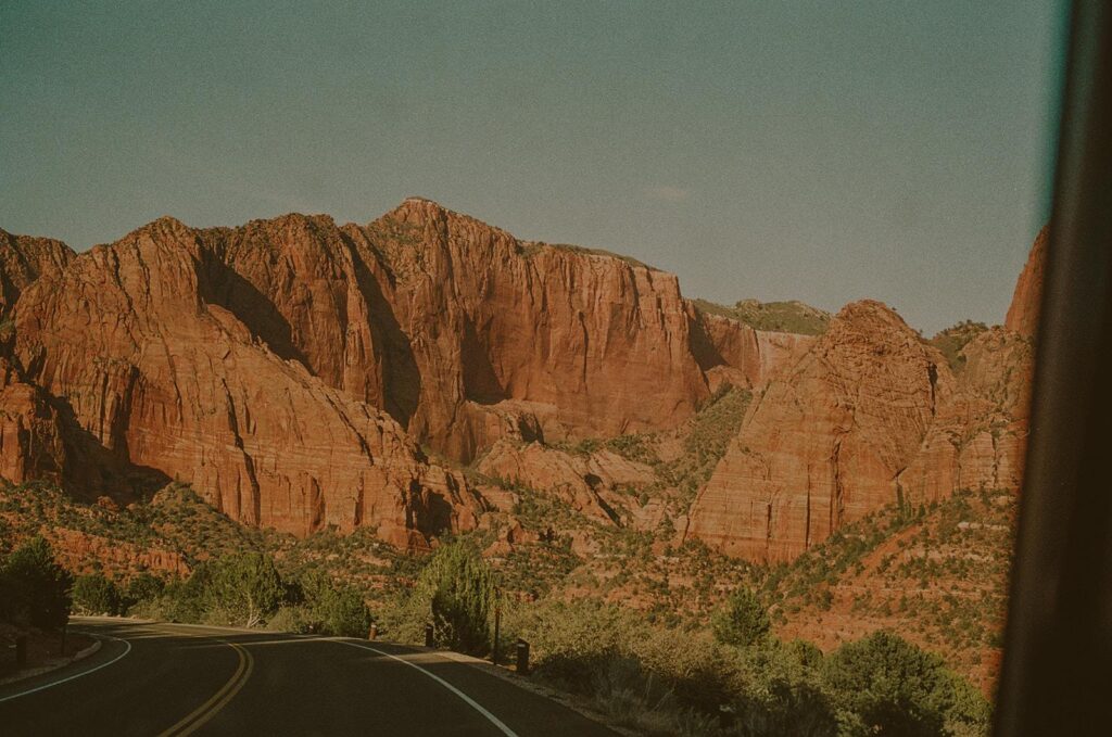 Evening view of Zion national park while driving on the road