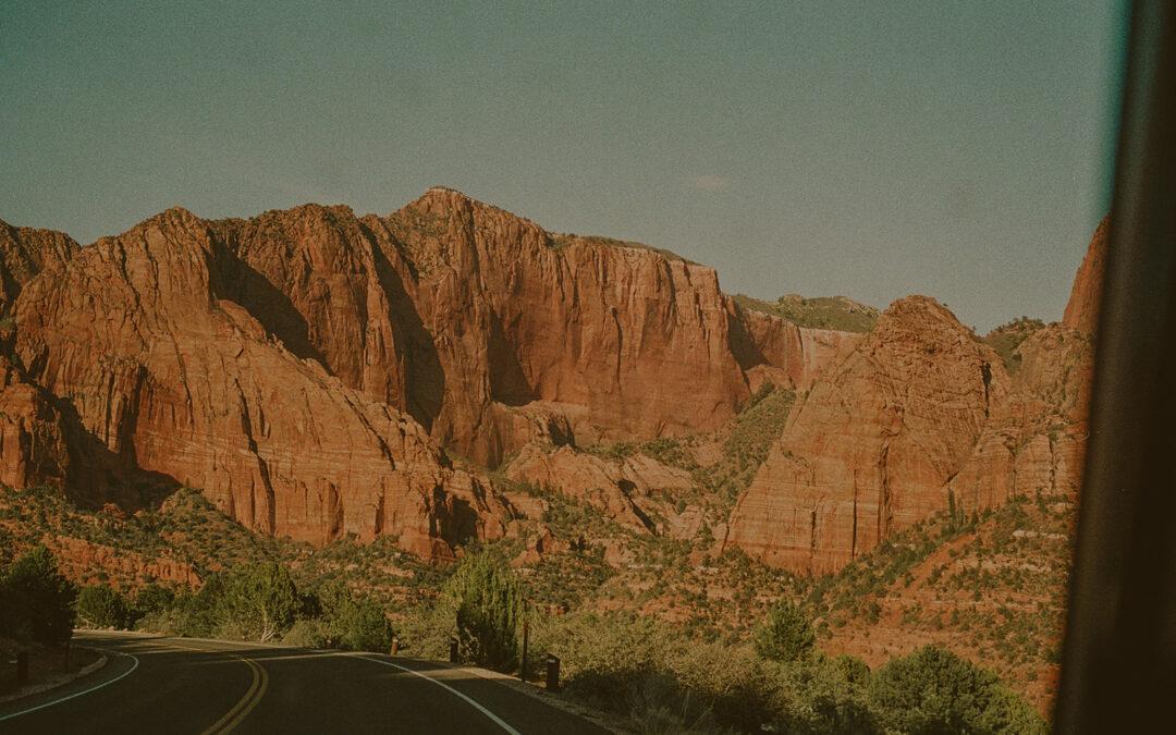 Evening view of Zion national park while driving on the road