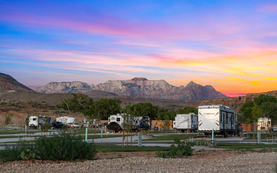 RV Resort In Zion with cliffs of Zion Behind at sunset